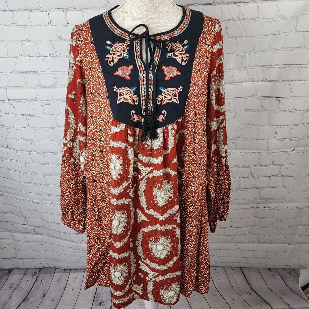 Flying Tomato Rust and Navy Boho Embroidered Tunic Dress